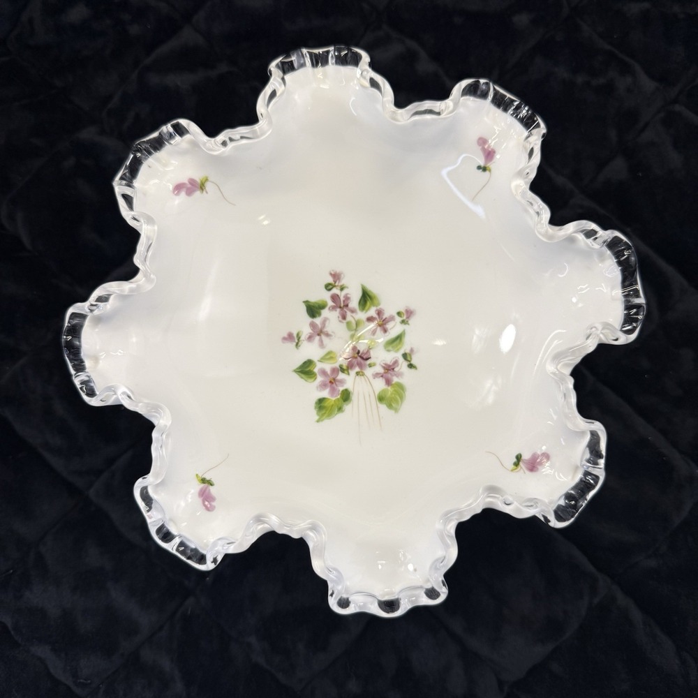 Fenton Hand Painted‎ Milk Glass Silver Crest Violets in the Snow Footed Bowl 10"